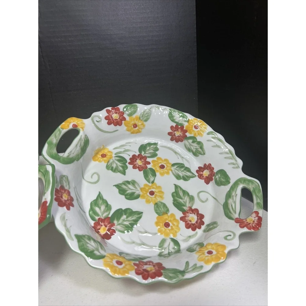 Set Of 2 TEMP-TATIONS By Tara Casserole Baking Dishes Red Yellow Floral